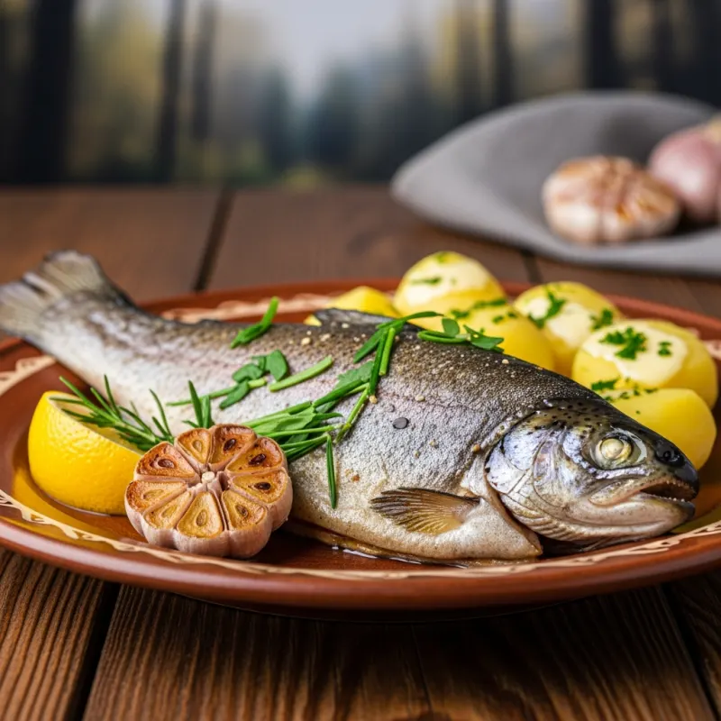 Roasted trout with potatoes and lemon on a rustic plate