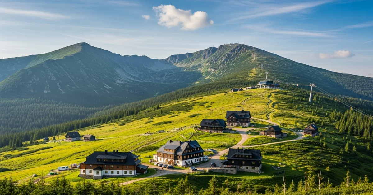 Panoramic view of Pec pod Snezkou and the Krkonoše Mountains