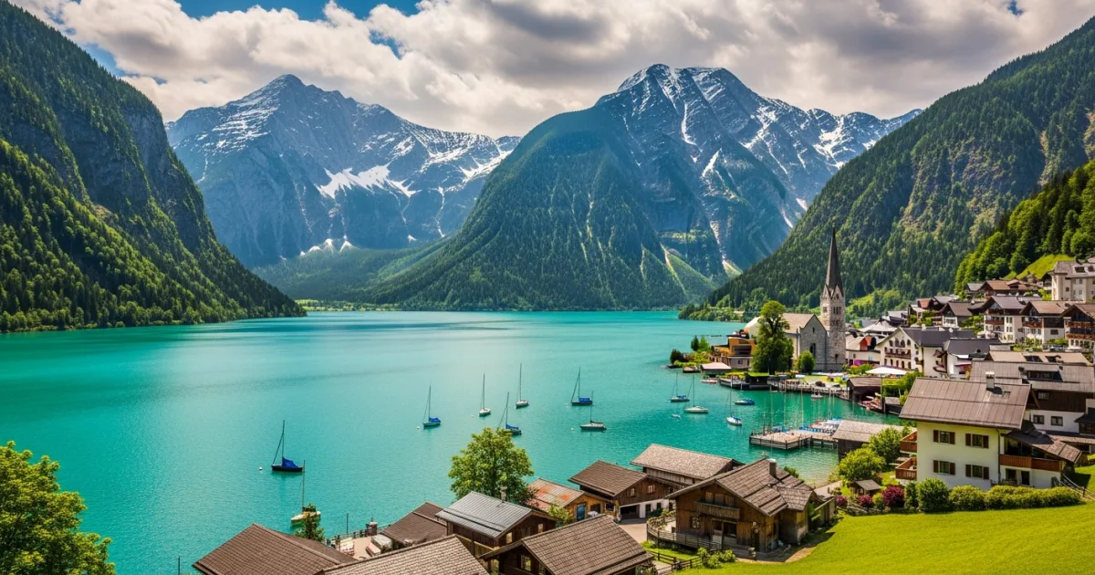 Panoramic view of Pertisau village and Lake Achensee in Tyrol, Austria