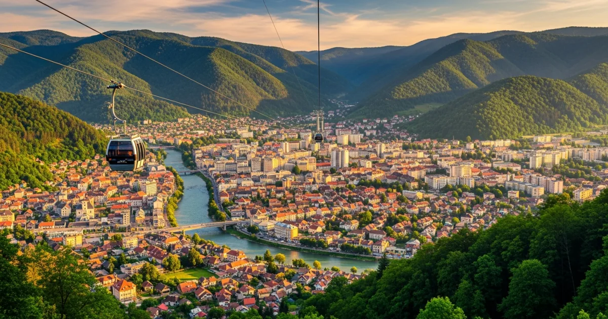 Panoramic view of Piatra Neamț city surrounded by the Carpathian Mountains