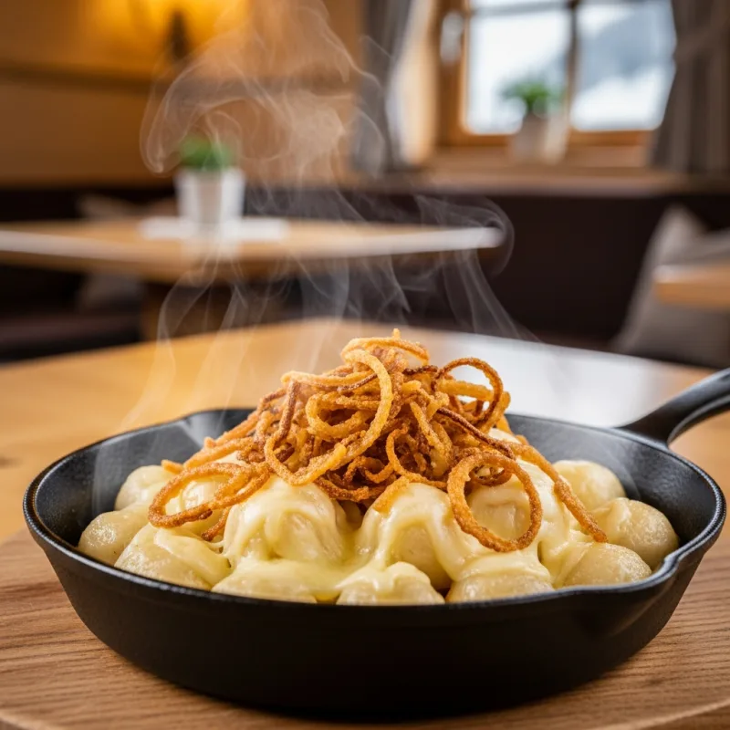 A cast-iron skillet of Pinzgauer Kasnocken with melted cheese and fried onions