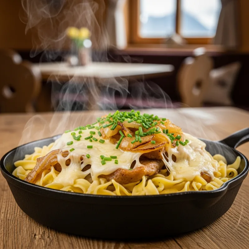 A cast-iron skillet of Pinzgauer Kasnocken with melted cheese and chives
