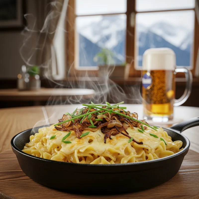 A cast-iron skillet of Pinzgauer Kasnocken with melted cheese and crispy onions