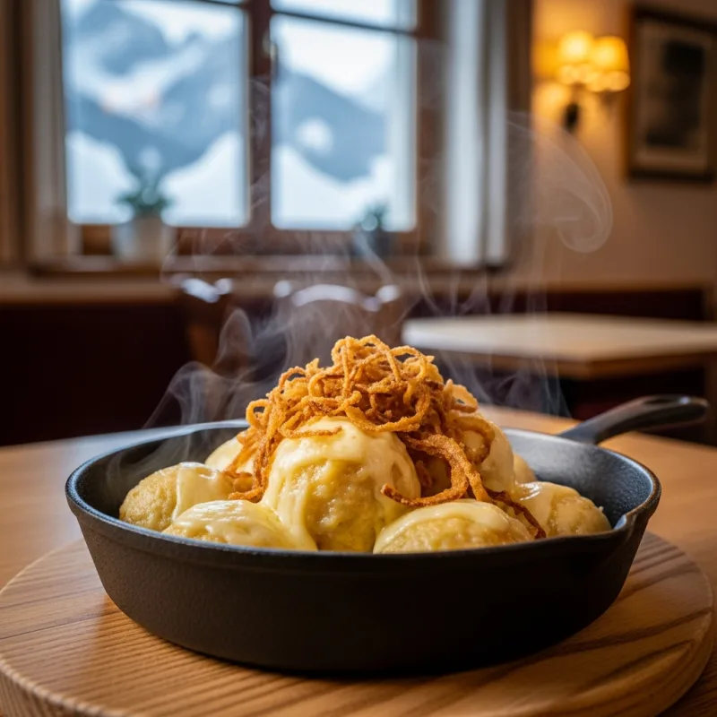 A hot skillet of Pinzgauer Kasnocken with melted cheese and crispy onions