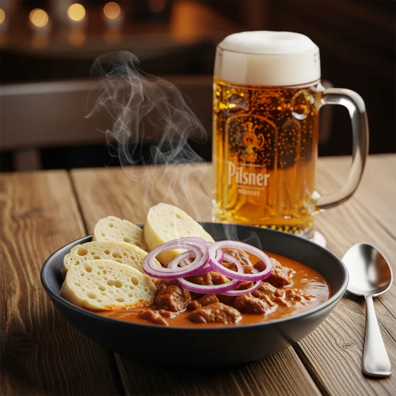 Traditional Czech Beer Goulash with bread dumplings and a glass of Pilsner beer