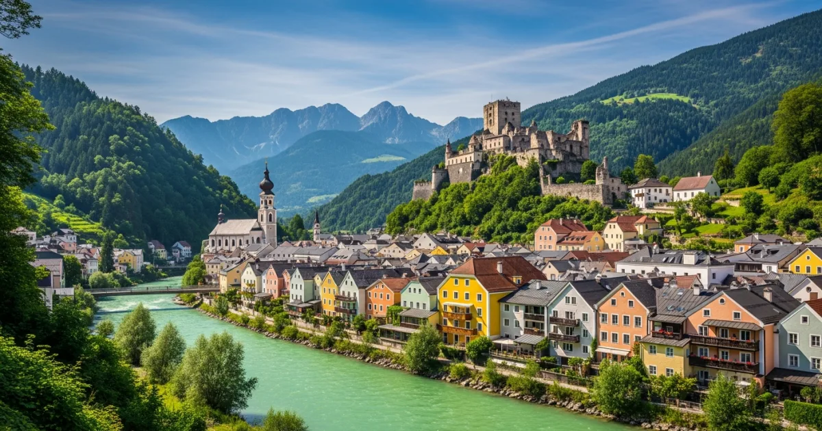 Panoramic view of Rattenberg town, the Inn River, and castle ruins in Tyrol, Austria