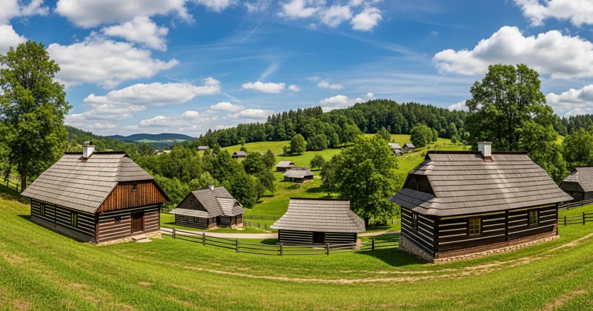 Traditional wooden houses in the Wallachian Open-Air Museum in Rožnov pod Radhoštěm