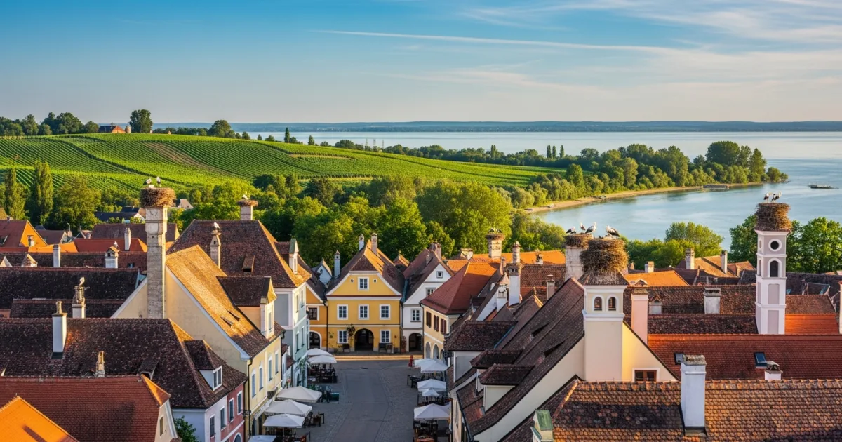 Historic town square of Rust with stork nests on chimneys and Lake Neusiedl in the background
