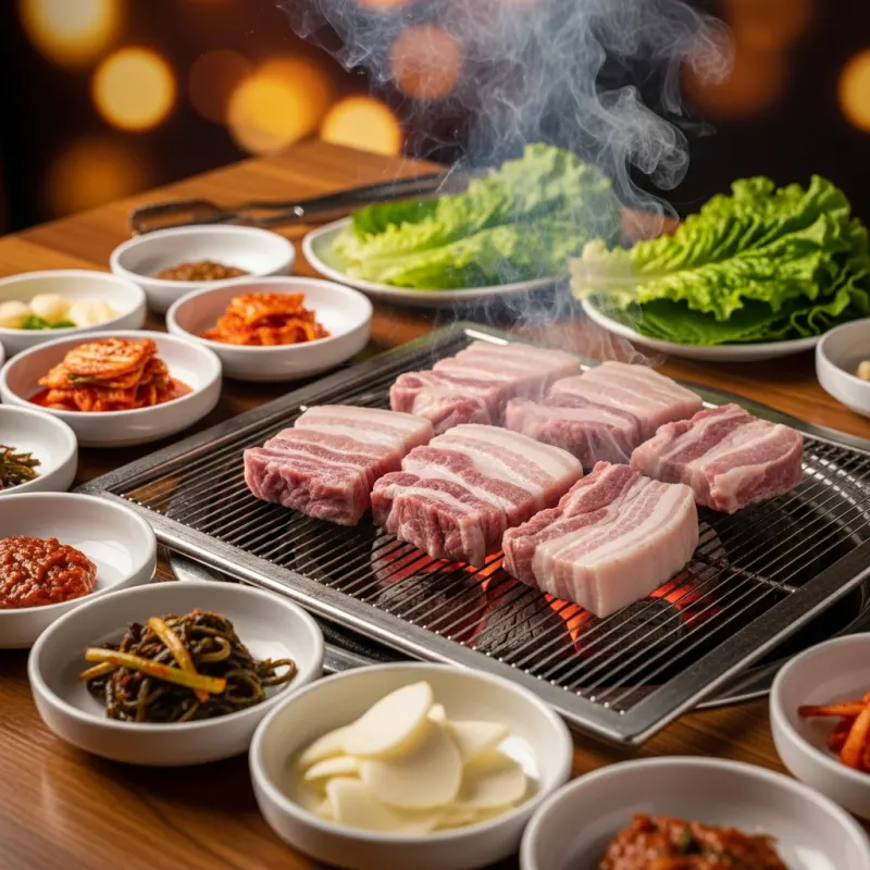 Sizzling Samgyeopsal pork belly on a Korean BBQ grill with side dishes