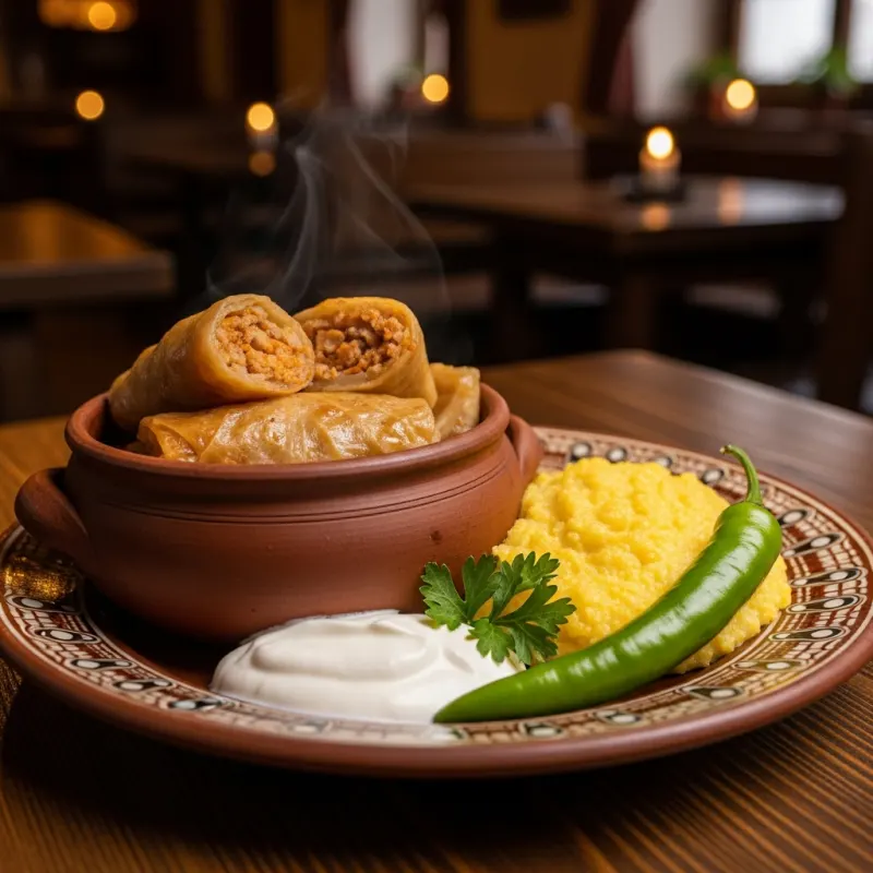 Traditional Romanian Sarmale with polenta and sour cream in a clay pot.