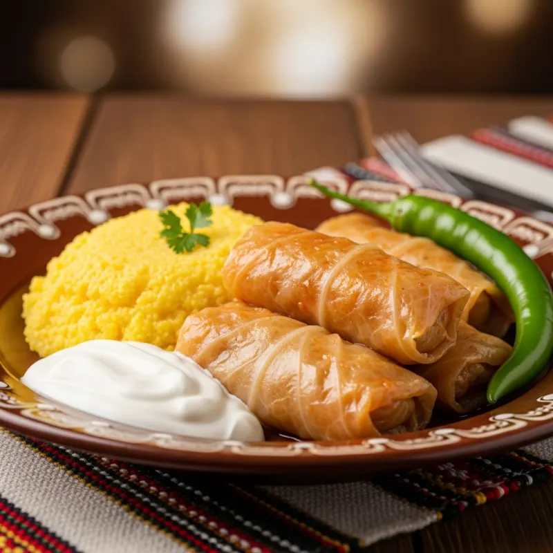 Sarmale cu Mămăligă, traditional Romanian stuffed cabbage rolls with polenta