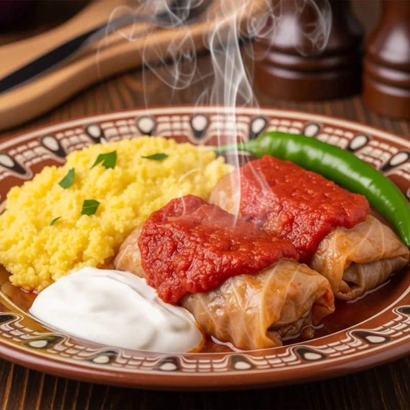 Traditional Romanian Sarmale with polenta and sour cream