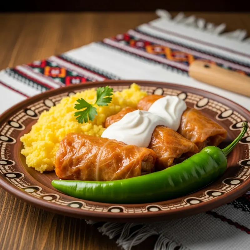 Traditional Romanian Sarmale with polenta and sour cream