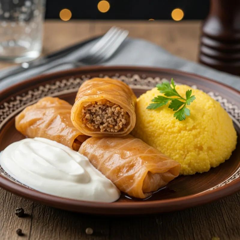 Traditional Romanian Sarmale with polenta and sour cream