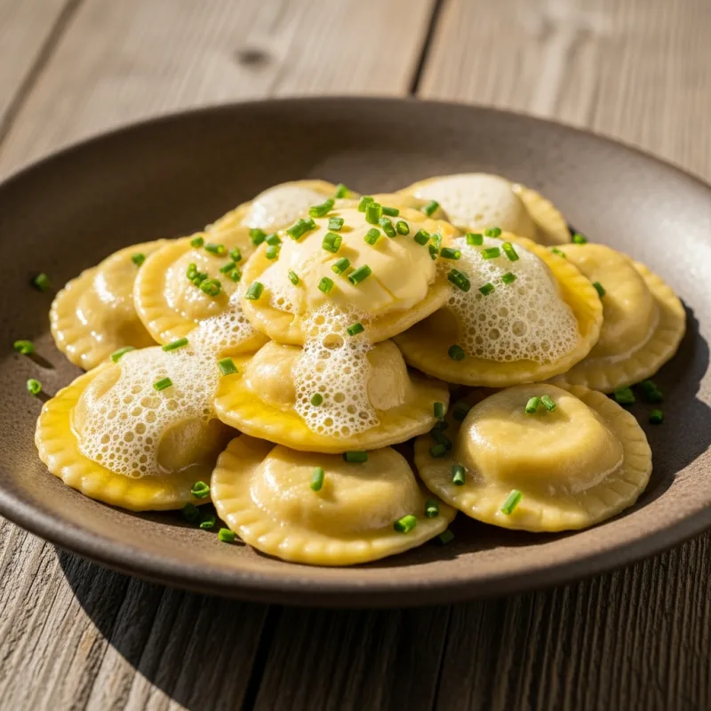 A plate of traditional East Tyrolean Schlipfkrapfen topped with brown butter and chives.