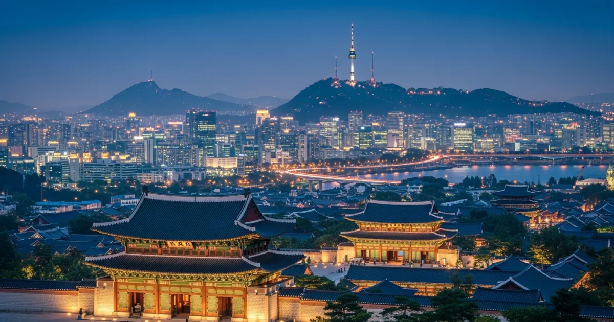 Panoramic view of Seoul skyline at twilight featuring Gyeongbokgung Palace and N Seoul Tower