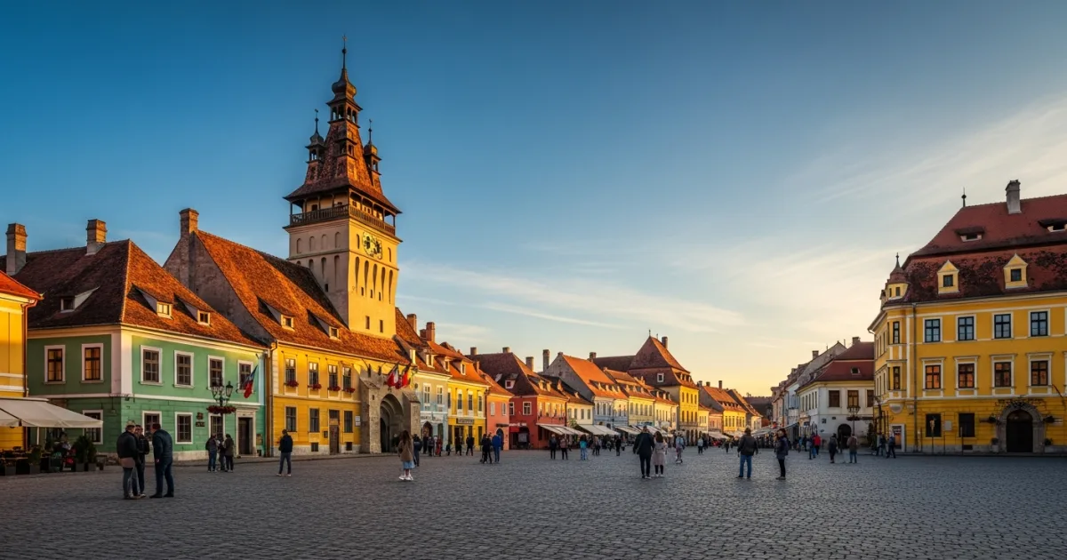 Panoramic view of the Grand Square in Sibiu, Romania featuring historic architecture and the Council Tower.