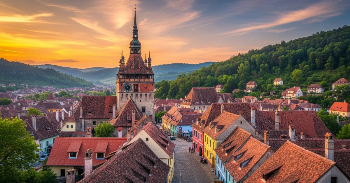Panoramic view of Sighisoara's medieval citadel and Clock Tower at sunset.