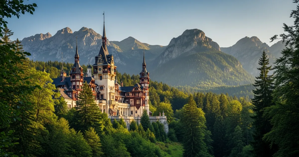 Peleș Castle surrounded by the Bucegi Mountains in Sinaia, Romania
