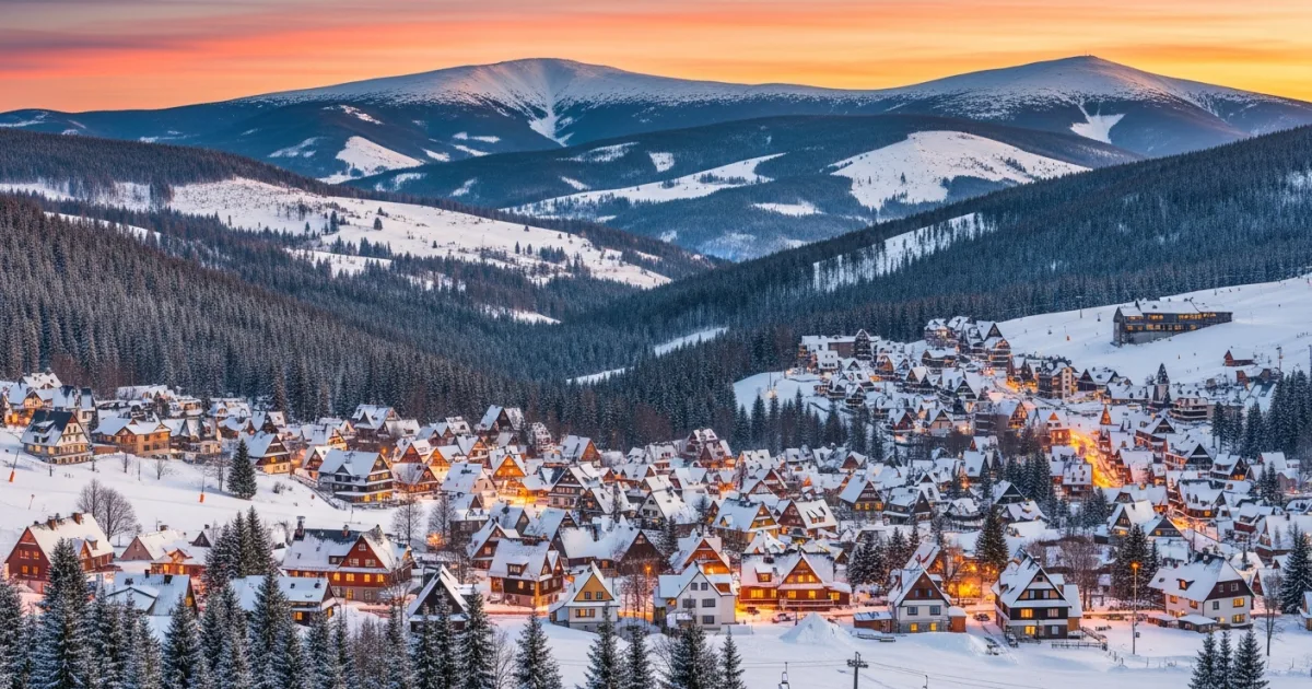 Panoramic view of Spindleruv Mlyn mountain resort in winter at sunset
