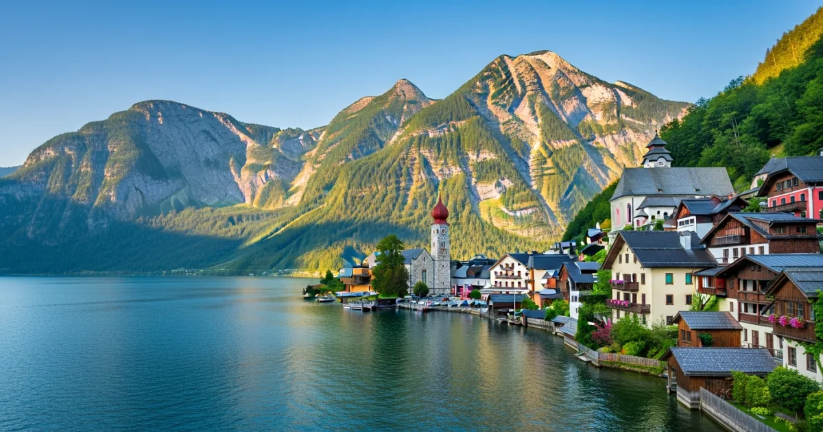 Panoramic view of St. Gilgen village and Lake Wolfgangsee in Austria