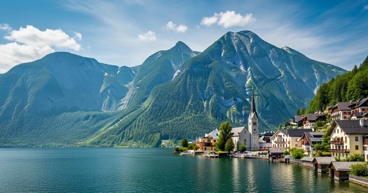A scenic view of St. Wolfgang town on the shores of Lake Wolfgangsee with the Schafberg mountain in the background.