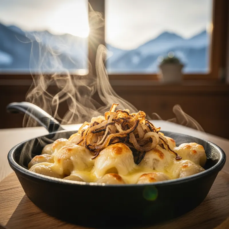 A cast-iron skillet of Steirischer Kasnockn with melted cheese and caramelized onions