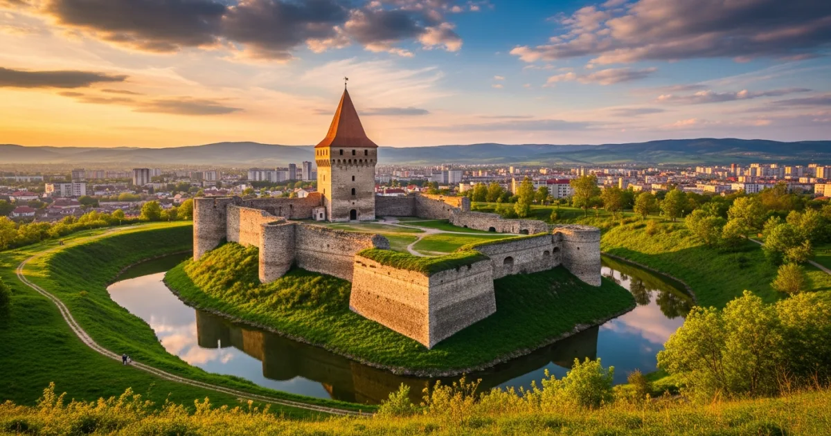 The medieval Seat Fortress of Suceava at sunset