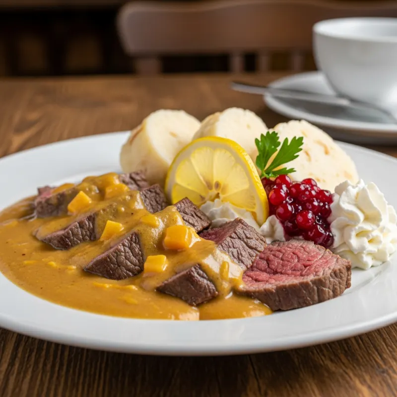 Traditional Czech Svíčková na smetaně with beef, creamy sauce, and dumplings
