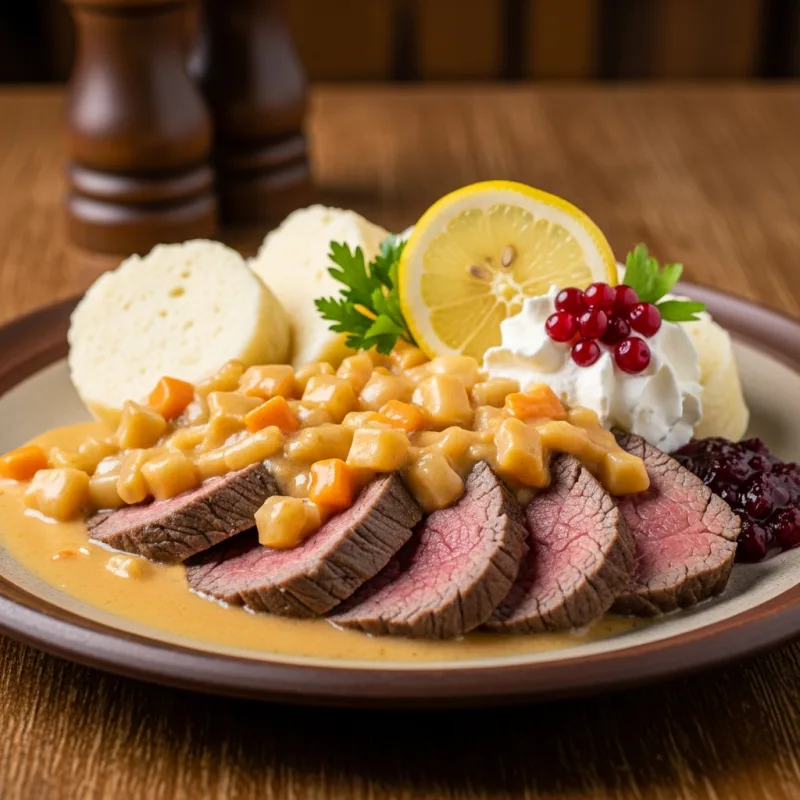 Traditional Czech Svíčková na smetaně with beef, creamy sauce, and dumplings