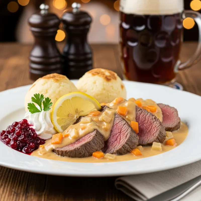 Traditional Czech Svíčková na smetaně with dumplings