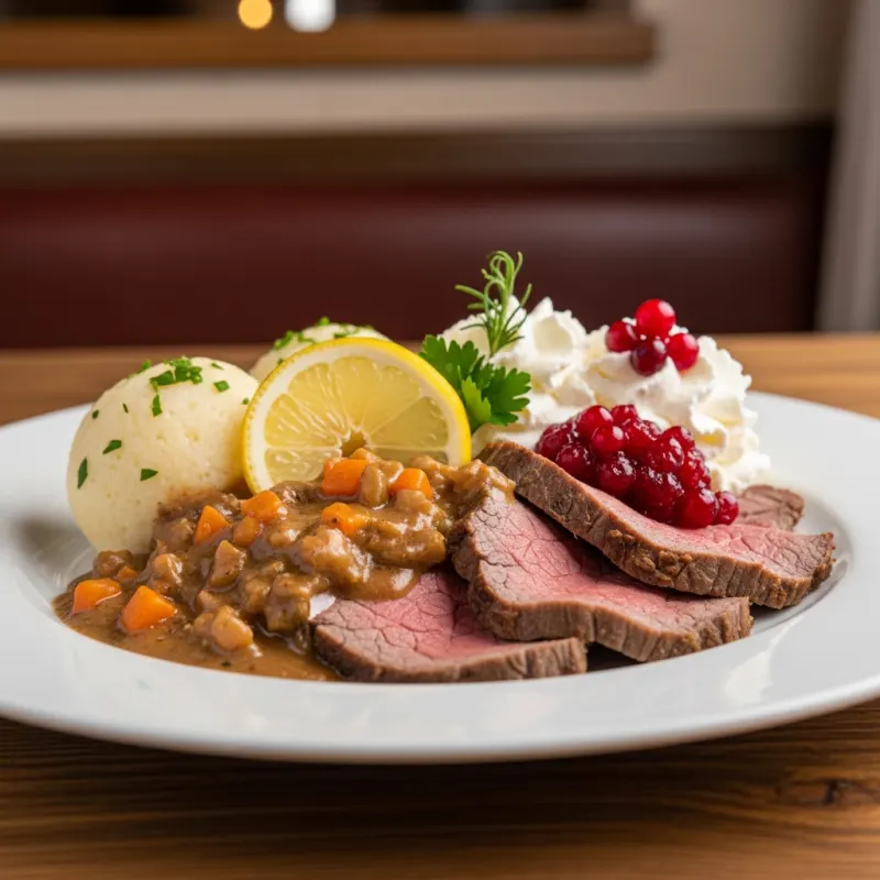 Svíčková na smetaně with bread dumplings and cranberry sauce