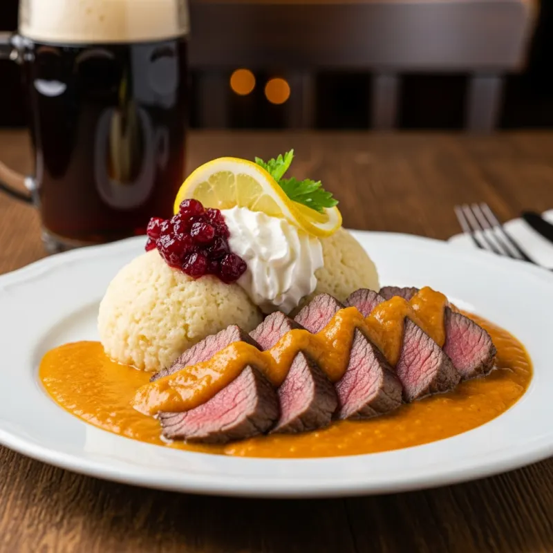 Svíčková na smetaně with bread dumplings and cranberry compote