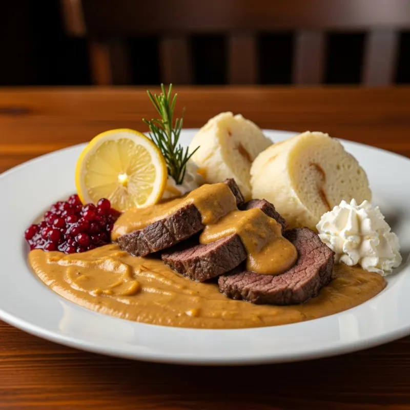 Traditional Czech Svíčková na smetaně with beef, creamy sauce, and dumplings