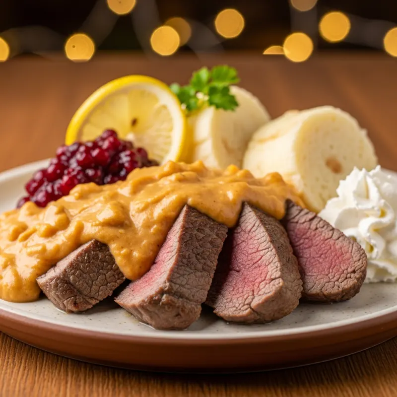 Svíčková na smetaně with bread dumplings and cranberry sauce