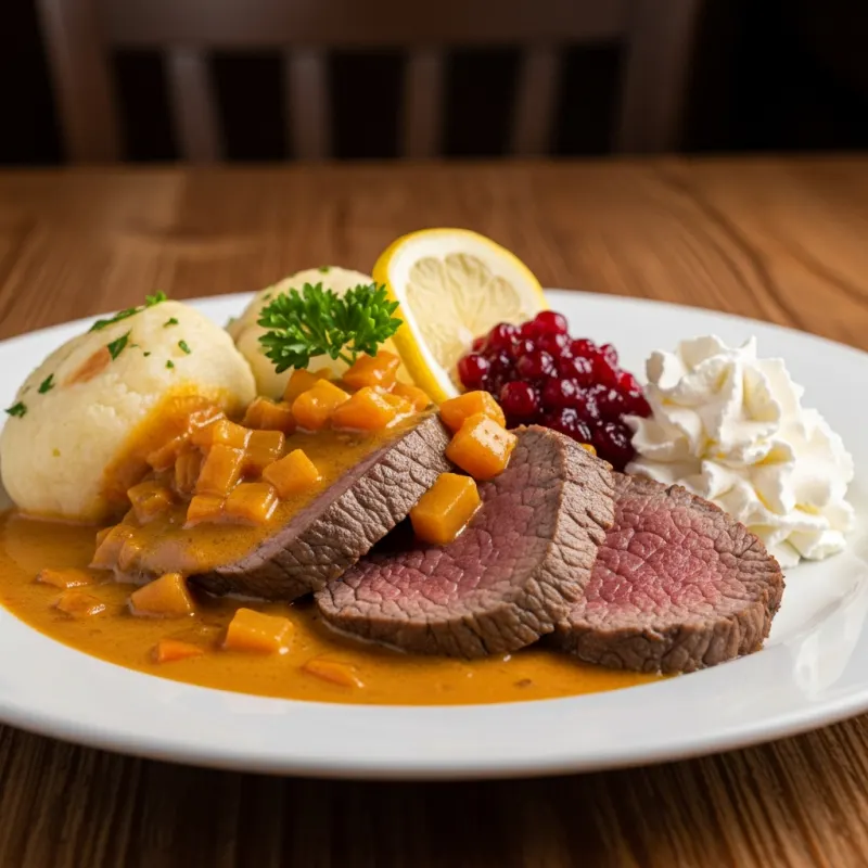 Traditional Czech Svíčková na smetaně with dumplings and cranberry garnish