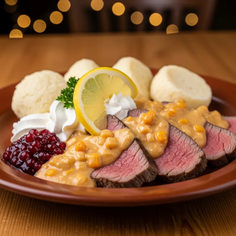 Svíčková na smetaně with bread dumplings and cranberry garnish
