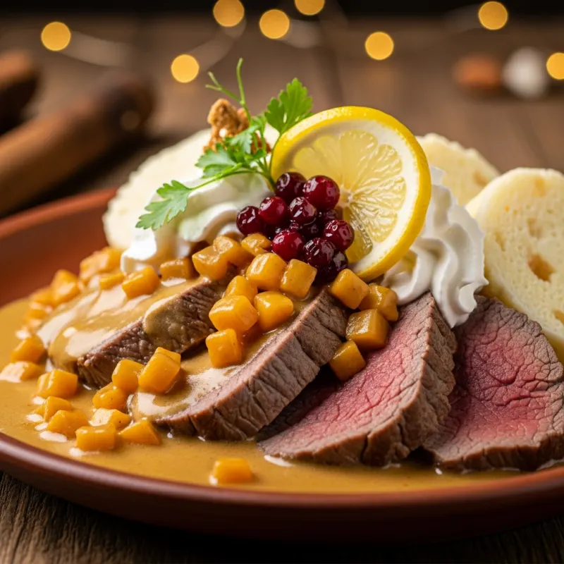 Traditional Czech Svíčková na smetaně with beef, creamy sauce, and dumplings