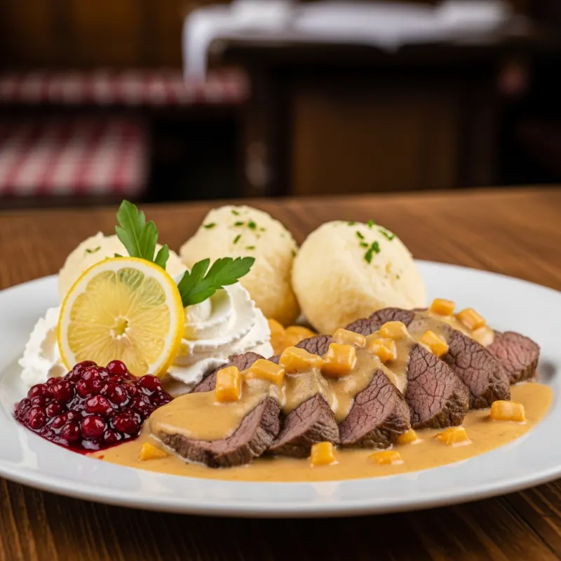 Traditional Czech Svíčková na smetaně with bread dumplings