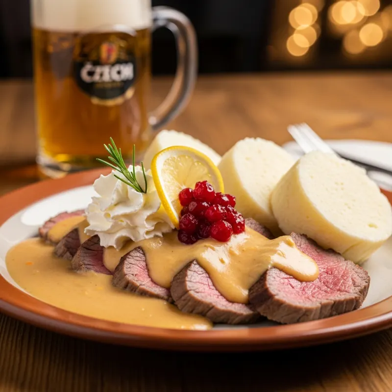 Svíčková na smetaně with bread dumplings and cranberry compote