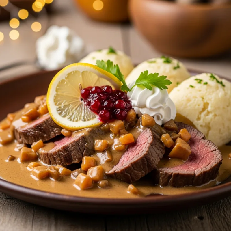 Traditional Czech Svíčková na smetaně with bread dumplings