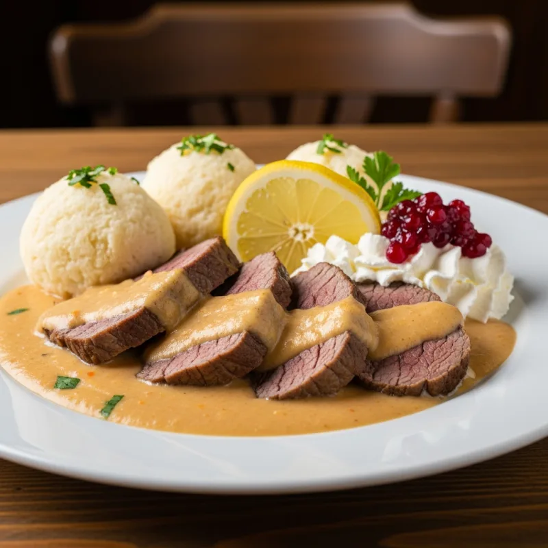 Svíčková na smetaně with bread dumplings and cranberry garnish