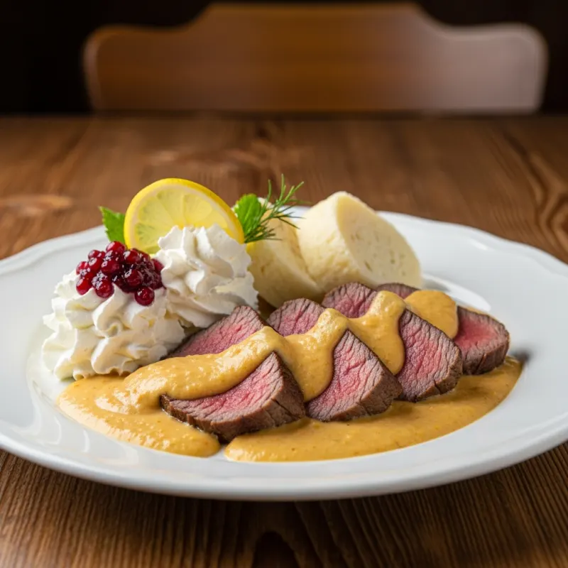 Traditional Czech Svíčková na smetaně with beef, cream sauce, and dumplings