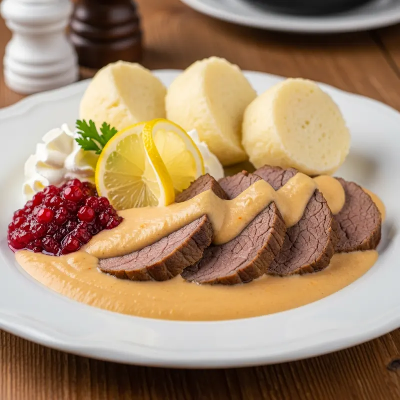 Svíčková na smetaně with bread dumplings and cranberry garnish