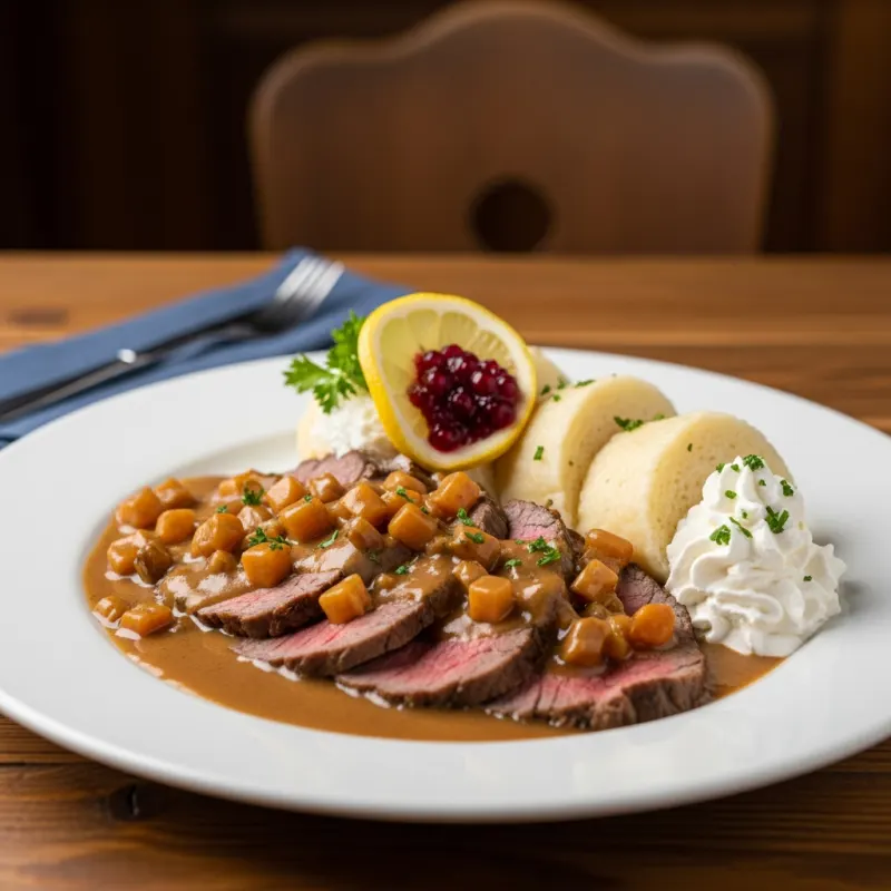 Svíčková na smetaně with bread dumplings and cranberry garnish