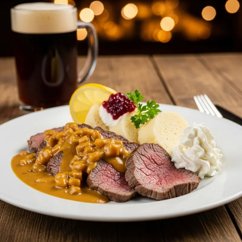 Traditional Czech Svickova na smetane with bread dumplings and cranberry garnish