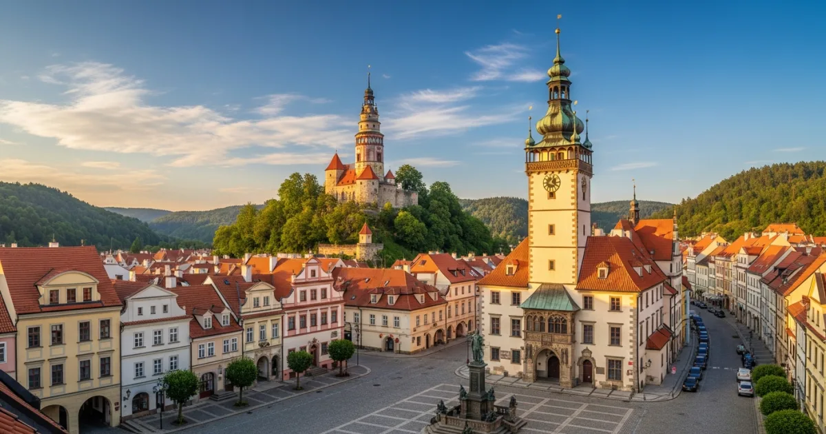 Panoramic view of the historic town square and Kotnov Tower in Tabor, Czech Republic