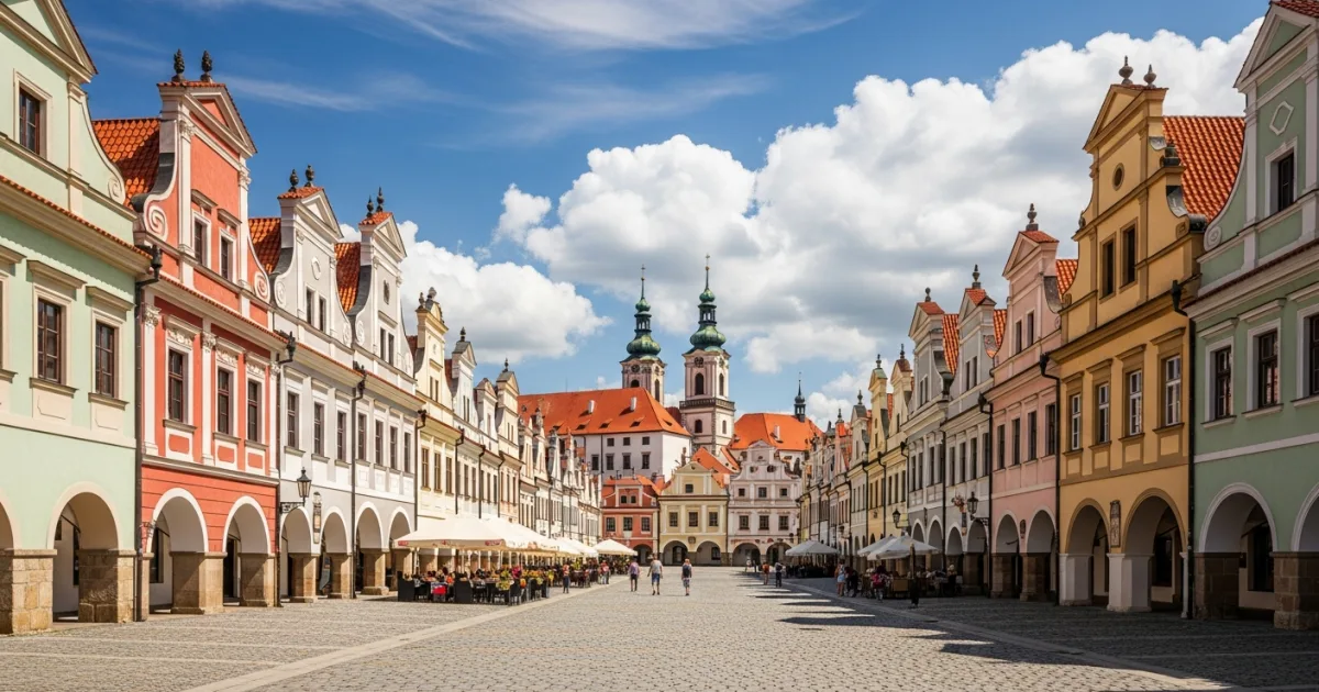 Panoramic view of the colorful Renaissance town square in Telč, Czech Republic
