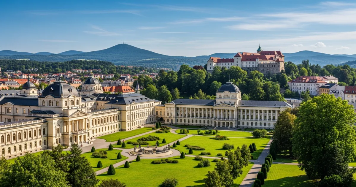Panoramic view of Teplice spa parks and historic architecture