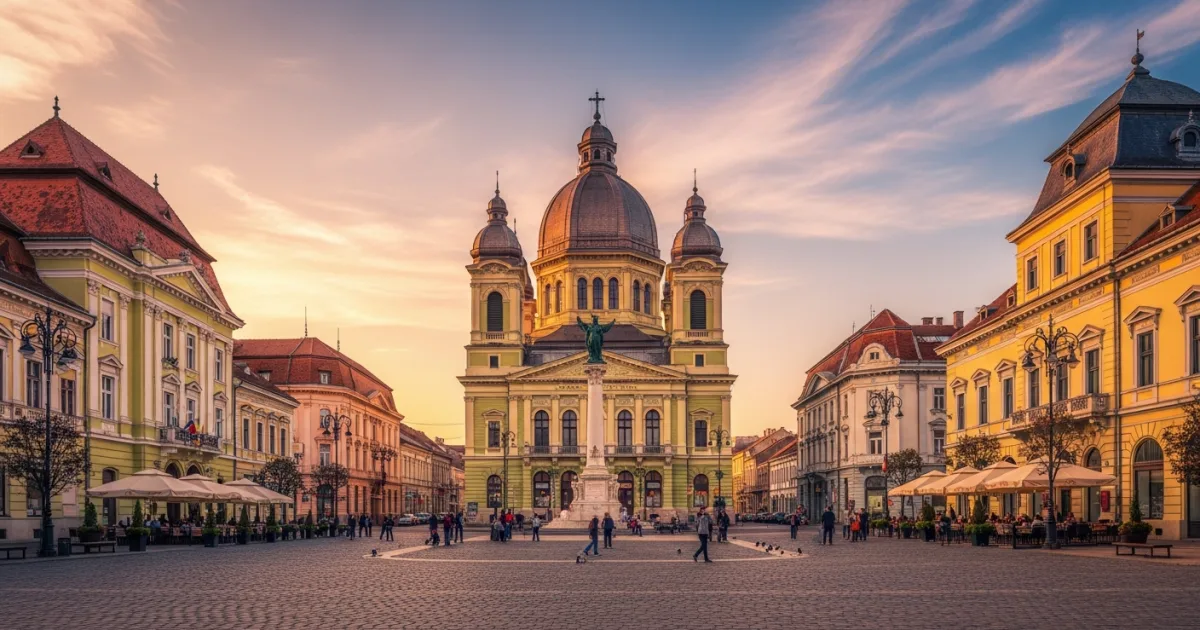 Panoramic view of Union Square in Timisoara featuring colorful historic architecture